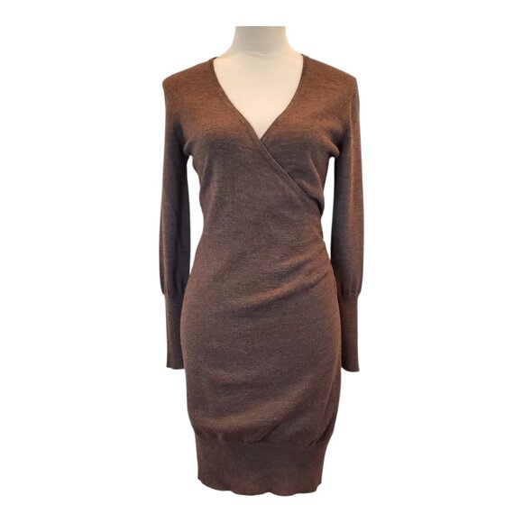 ANN TAYLOR LOFT SZ MP Midi Faux Wrap Wool blend Sweater Dress in Brown - Picture 1 of 9